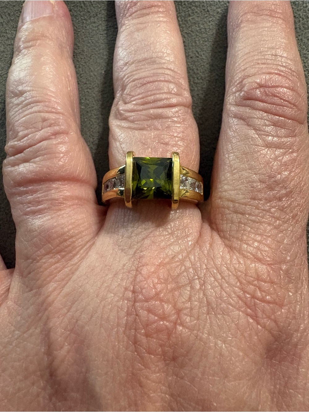 Vintage EDCO Signed Olive Green And White CZ Ring Gold Plated Wide Band Size 9